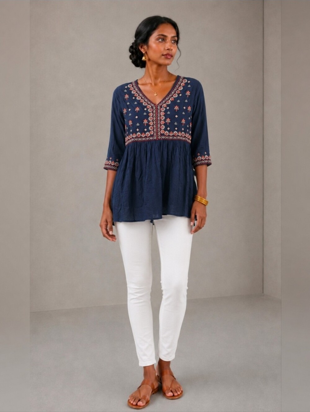 Easybuy Embroidered V-Neck Multicolored Women’s IndiaTunic Top Small NEW